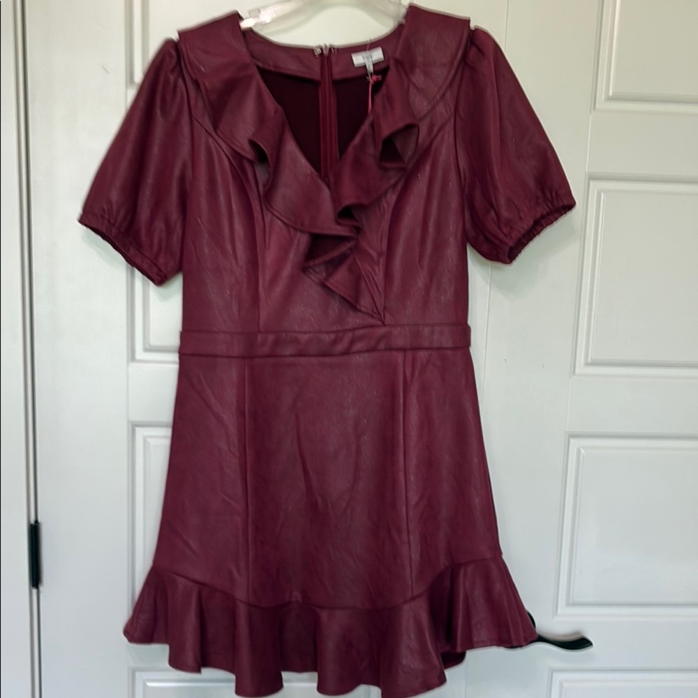 Women's Burgundy Ruffle Faux-Leather Dress